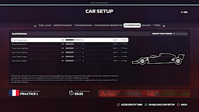 Menú de configuración de la suspensión y su altura en F1 2019.