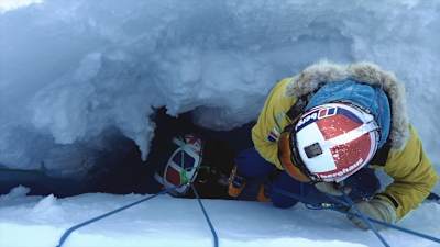 Jean Burgun rescues Leo Houlding's Equipment Sled after it falls down into an ice crevasse during their Spectre climbing expedition.