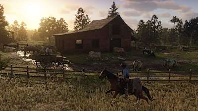 Arthur cabalga hacia la puesta de sol en Red Dead Redemption 2. La aventura del Salvaje Oeste establece nuevos estándares en términos de jugabilidad, tecnología y su mundo