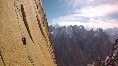 David Lama climbs up the Nameless Tower in Pakistan on July 30, 2012.