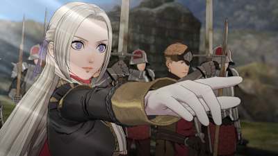 Screenshot of characters on the battlefield in Fire Emblem: Three Houses video game.