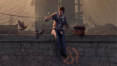 A screenshot of a Alyx sitting on a wall from Half-Life: Alyx.