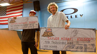 A visibly shocked Taylor Kirby wins the first-ever Red Bull Solus skate contest.