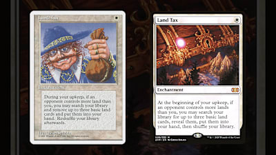 Die Abbildung der Magic-Karte Land Tax. Einmal in "alt" und einmal in "neu".