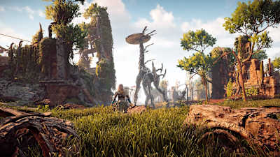 Aloy gazes at a Tallneck in Devil's Thirst