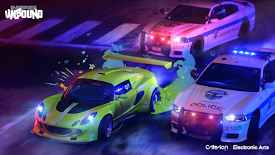 Screenshot aus Need for Speed: Unbound zeigt einen Lotus, der vor zwei Polizeiautos flieht.
