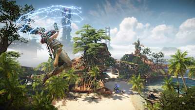 La captura de pantalla de Horizon Zero Dawn muestra a la heroína volando por los aires con el escudo planeador.