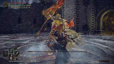 A warrior in armour attacks a hero with a lance in Elden Ring.