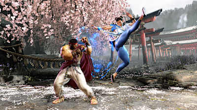 A screenshot of characters Ryu and Chun-Li in battle in Street Fighter 6