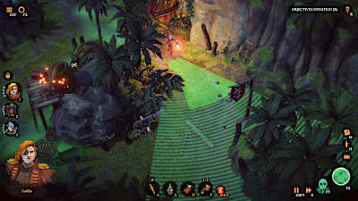 Screenshot aus Shadow Gambit: The Cursed Crew zeigt einen Charakter, der sich im Busch versteckt.