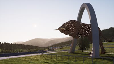 The iconic steel Red Bull statue, placed within the infield of the Red Bull Ring. 
