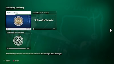 Das Menü der Coaching Challenges in PGA Tour 2023