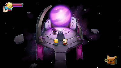 Screenshot from Cat Quest 2 shows the main characters in the form of a cat and a dog in a mage tower with a purple glowing sphere.