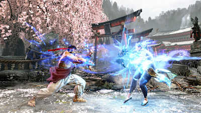 Ryu throws a Hadouken at Chun-Li in Street Fighter 6 video game.