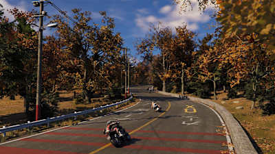 Screenshot from RIDE 6 shows a race in autumnal Japan.