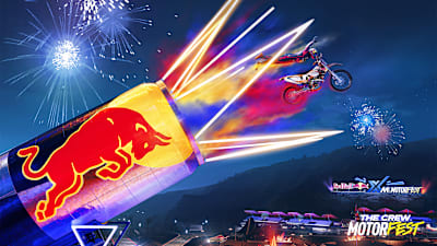 Screenshot aus The Crew Motorfest Saison 6 zeigt ein Motorrad, das einen Stunt durch eine Dose Red Bull ausführt