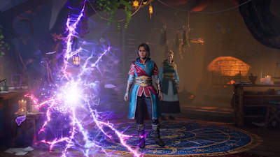 Screenshot aus Split Fiction zeigt Mio und Zoe in einer Fantasy-Welt.