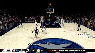 Screenshot aus NBA 2K26 zeigt Anthony Edwards beim Dribbling.