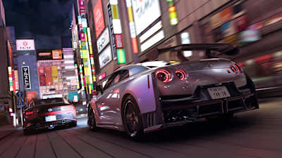 A silver Nissan GT-R driving through neon-lit streets in the racing video game Forza Horizon 6.