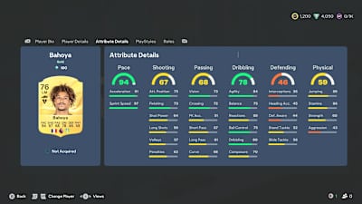 A screenshot from EA FC 27 showing the attributes of Jean-Mattéo Bahoya.