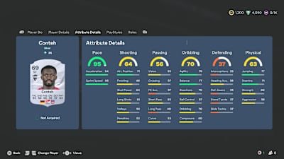 A screenshot from EA FC 27 showing the attributes of Sirlord Conteh.