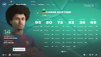 A screenshot from EA FC 27 showing the attributes of Karim Adeyemi.