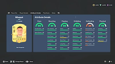 A screenshot from EA FC 27 showing the attributes of Kylian Mbappé.