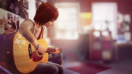 A screenshot of Chloe playing a guitar in Life is Strange