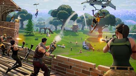 A promo shot showing a battle in action in Fortnite: Battle Royale.