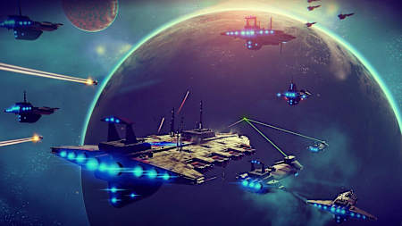 A promotional shot from No Man’s Sky showing space ships around a planet