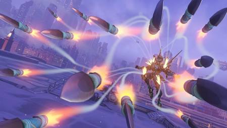 A screenshot of Pharah’s Barrage in Overwatch