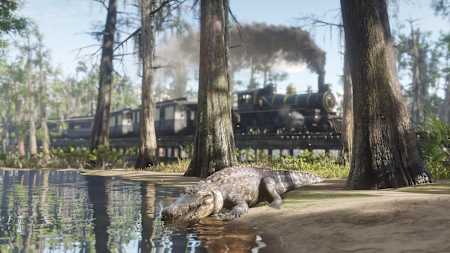 A promotional screenshot of an alligator in Red Dead Redemption 2