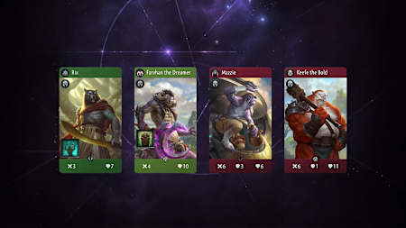 A selection of hero cards in Artifact, the nw card game from Valve.