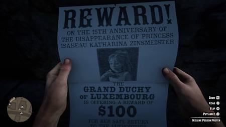A screenshot of a missing poster in Red Dead Redemption 2.