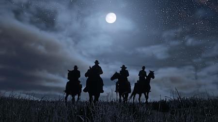 A promotional screenshot featuring riders silhouetted against the moonlight in Red Dead Redemption 2.