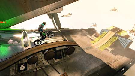 A screenshot of a bike landing from Trials Rising