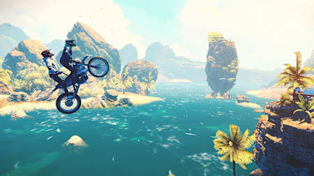 A screenshot of a bike mid-jump from Trials Rising