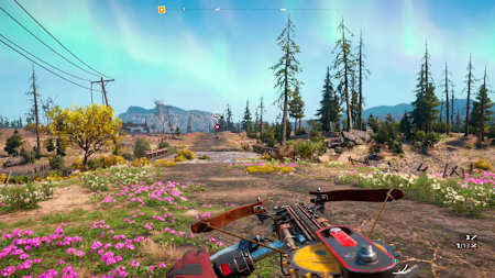 A screenshot of the sawblade weapon in Far Cry New Dawn, the new video game in the series from Ubisoft.
