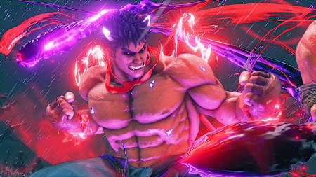 A screenshot of Kage from Street Fighter V activating his vicious V-Trigger.
