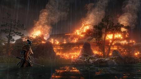 Screenshot of a building on fire in Sekiro: Shadows Die Twice.