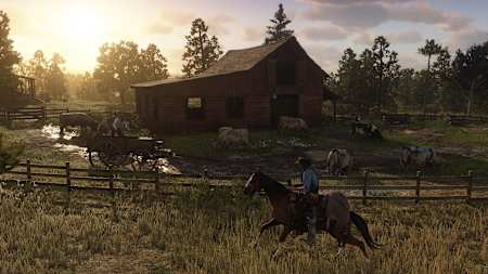 Arthur cabalga hacia la puesta de sol en Red Dead Redemption 2. La aventura del Salvaje Oeste establece nuevos estándares en términos de jugabilidad, tecnología y su mundo