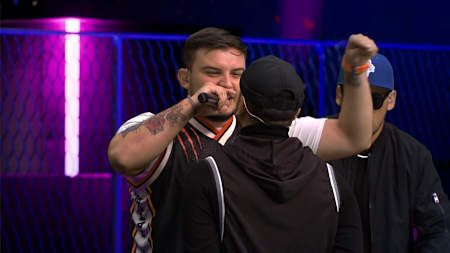 MC Rapder (MEX) and MC Yartzi (PRI) perform during their quarter-final battle during the Red Bull Batalla de los Gallos International Final in the Dominican Republic on December 12, 2020.