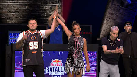 MC Skone (right) and MC Rapder (left) await the winner's annoucement at the final of the Red Bull Batalla de los Gallos International Final in the Dominican Republic on December 12, 2020.