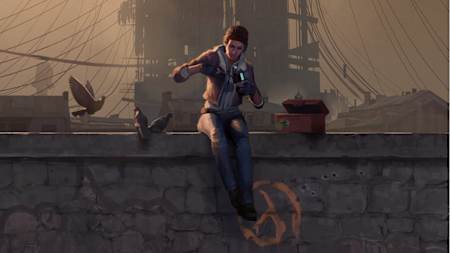 A screenshot of a Alyx sitting on a wall from Half-Life: Alyx.