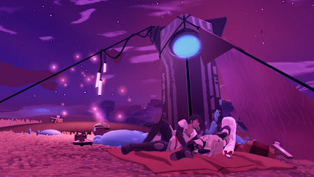 Screenshot from the game Haven shows the two main characters resting while lying down.