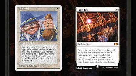 Die Abbildung der Magic-Karte Land Tax. Einmal in "alt" und einmal in "neu".