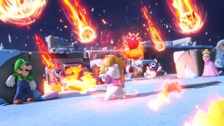 Screenshot aus Mario + Rabbids: Sparks of Hope zeigt Rabbid Peach, Luigi und Peach beim Einsatz eines Feuer Sparks mit Meteoriten