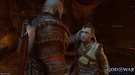 Una captura de pantalla de God of War Ragnarok muestra a Kratos y Atreus conversando.