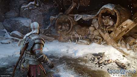 Captura de pantalla de God of War Ragnarok muestra a Kratos y Atreus en Midgard mientras el niño acaricia un lobo.
