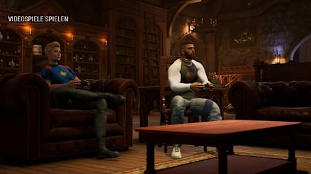 Screenshot aus Marvel's Midnight Suns zeigt Captain Marvel und Hunter beim Spielen von Videospielen